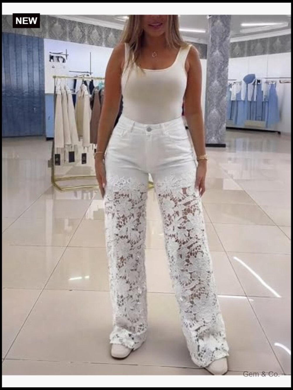 High Waist Wide Leg Jeans Lace Spliced Stretchy Pockets - Picture 2 of 7